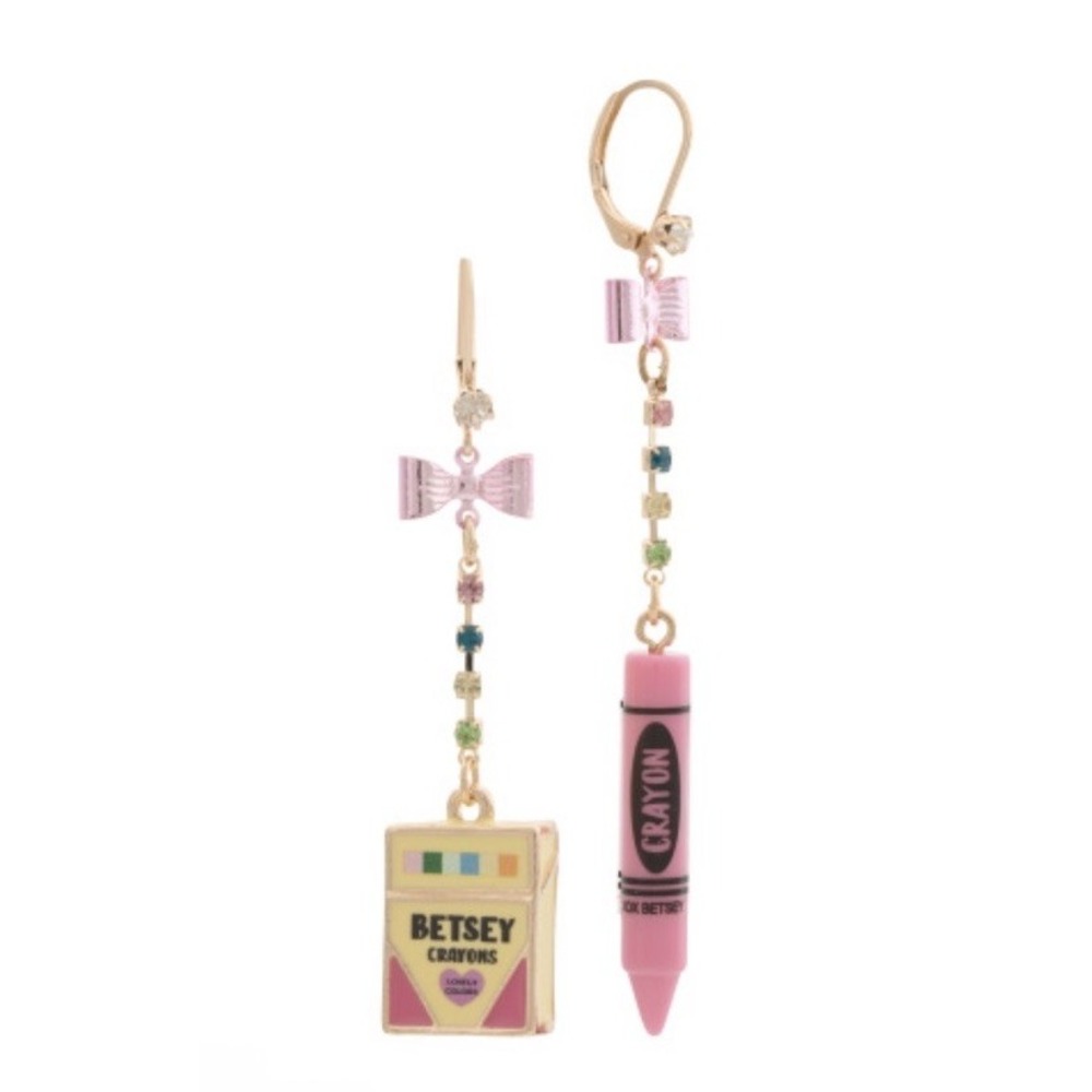 Betsey Johnson Back To School Pink Bow Crayon Mismatch Crayon Box  Earrings NWT